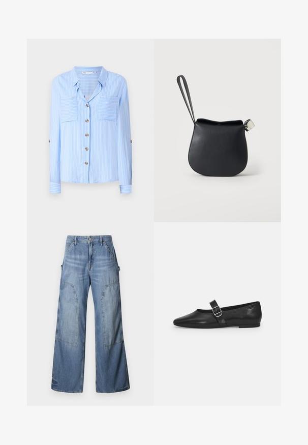 Lys blå langærmet skjorte med lodrette hvide striber, to brystlommer og brune knapper ned foran. Blødt stof med en glat tekstur.; Good American GOOD EASE RELAXED - Jeans Relaxed Fit - indigo; Sorte læder flade sko med rund tå, et enkelt justerbart spænde og en glat, blank overflade. Minimalistisk design med en lav hæl.; Sort læder håndledspung med rundet bund og sølvspænde på en ensfarvet hvid baggrund.