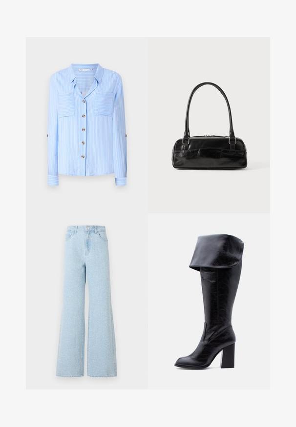 Lys blå langærmet skjorte med lodrette hvide striber, to brystlommer og brune knapper ned foran. Blødt stof med en glat tekstur.; Lys blå denim vide ben jeans med høj talje, der har en knaplukning, fem lommer og en subtil falmet tekstur.; Høj sort læderstøvle med hæl, foldet kant og rund tå, stående oprejst på en hvid baggrund.; Sort læderhåndtaske med rektangulær form, der har et enkelt struktureret håndtag, sølvhardware og lynlås-lukning. Glat tekstur.