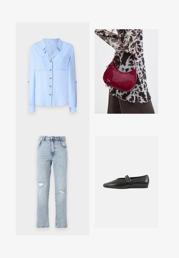 Lys blå langærmet skjorte med lodrette hvide striber, to brystlommer og brune knapper ned foran. Blødt stof med en glat tekstur.; Lysblå denimjeans med en afslappet pasform, der har to knærevner, fem lommer og en frynset kant. Knap- og lynlåslukning.; Sorte læder flade sko med spidse tæer, prydet med en metallisk spænde over vristen og en lav, fleksibel sål.; Kvinde iført en sort- og hvidmønstret bluse, der holder en blank rød skuldertaske mod en ensfarvet baggrund.