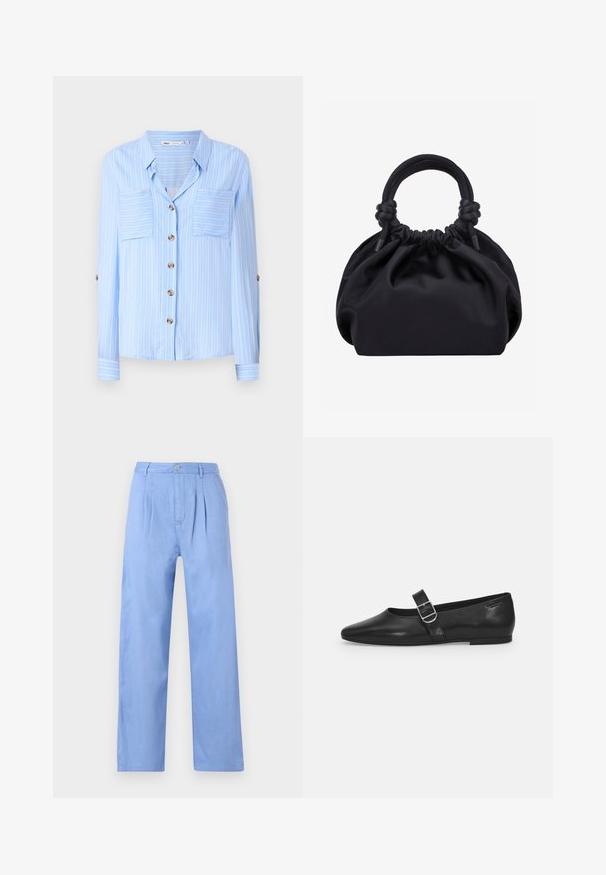 Hellblaues Langarmhemd mit vertikalen weißen Streifen, zwei Brusttaschen und braunen Knöpfen auf der Vorderseite. Weicher Stoff mit glatter Textur.; Helle blaue Leinenhose mit gefaltetem Bund, hoher Taille und geradem Bein. Verfügt über einen Knopfverschluss am Bund.; Schwarzer Lederflatschuh mit runder Zehenform, einem verstellbaren Schnallenriemen und einer glatten, glänzenden Oberfläche. Minimalistisches Design mit einem niedrigen Absatz.; Schwarze weiche Stoffhandtasche mit gerafftem oberen Rand und runden, gepolsterten Griffen, die auf jeder Seite mit Knoten gebunden sind.