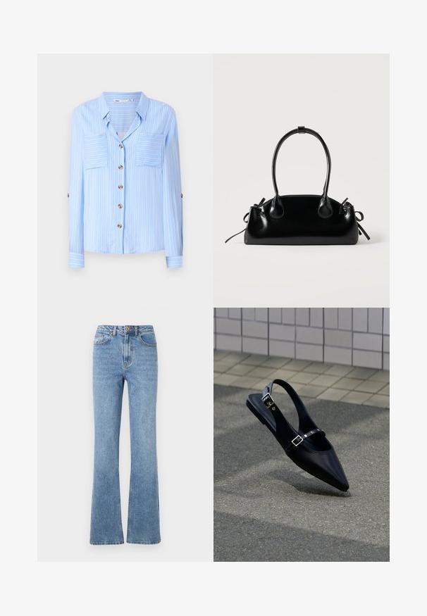 Lichtblauw overhemd met lange mouwen en verticale witte strepen, twee borstzakken en bruine knopen aan de voorkant. Zachte stof met een gladde textuur.; Lichtblauwe denim jeans met een flare-pasvorm, hoge taille en minimale hardware. Kenmerken zijn de klassieke vijfzak-stijl en subtiele stiksels.; Zwarte platte slingback met spits toelopende neus en dubbele gespsluitingen, rustend op grijs asfalt bij een achtergrond van betegelde muur.; Kleine zwarte glanzende handtas met twee lange hengsels en zijkant trekkoord details op een effen lichte achtergrond.
