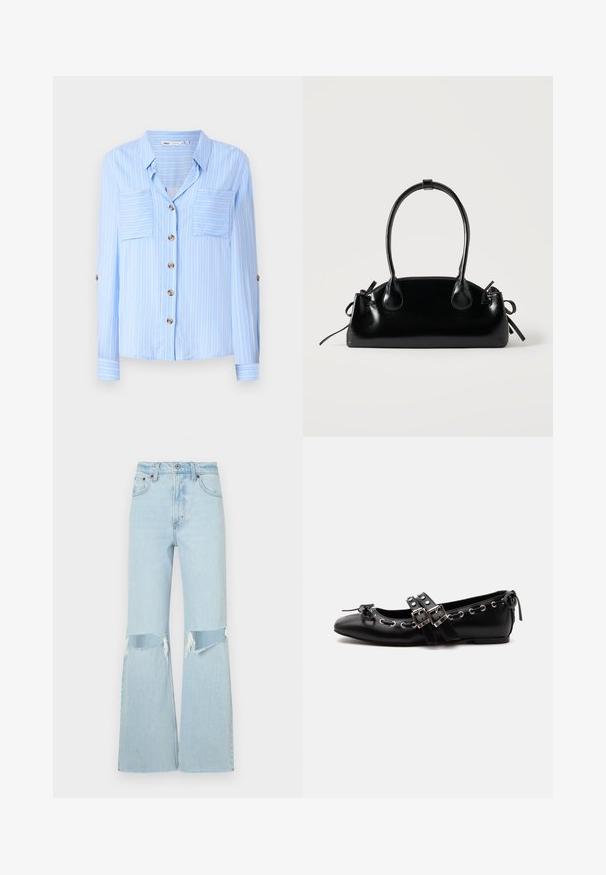 Lys blå langærmet skjorte med lodrette hvide striber, to brystlommer og brune knapper ned foran. Blødt stof med en glat tekstur.; Lysblå denim flared jeans med slidte knædetaljer, der har høj talje og rå kant. Forstærket syning og klassisk fem-lomme stil.; Sort flad balletsko med dobbelt spænde, sølvøjer og en lille sløjfe nær den runde tå på en hvid baggrund.; Lille sort blank håndtaske med to lange håndtag og snøre-detaljer i siden på en ensfarvet lys baggrund.