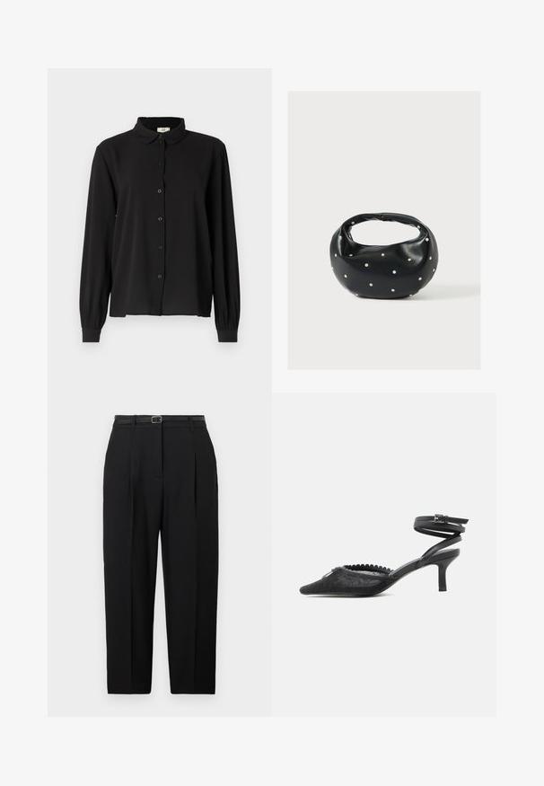 Chemise noire à manches longues en tissu doux avec un col, fermeture à boutons et poignets froncés. Design simple sans motifs ni accents.; Pantalon noir taille haute sur mesure, avec poches latérales et une fine ceinture assortie avec une boucle rectangulaire en métal.; Escarpin noir à bout pointu avec talon kitten, dessus en dentelle, bord festonné et bride autour de la cheville avec fermeture à boucle.; Sac à main en cuir noir de forme arrondie, décoré de clous argentés et équipé d'une poignée courte. Texture lisse et fermeture éclair.