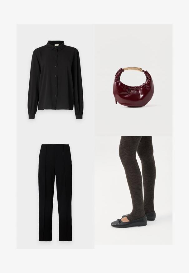 Camisa negra de manga larga en tejido suave con cuello, cierre de botones y puños fruncidos. Diseño simple sin patrones ni acentos.; Pantalones negros de corte recto, confeccionados en una tela lisa, con dos pliegues delanteros y una cinturilla limpia.; Piernas con leggings oscuros acanalados combinados con bailarinas negras que presentan pequeños detalles de lazo sobre un fondo blanco.; Bolso de mano de piel sintética burdeos con forma redondeada, detalles fruncidos y un asa de metal dorado. Textura suave y acabado brillante.