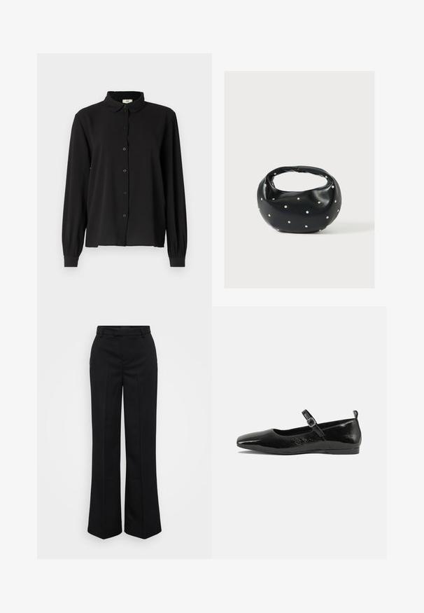Musta pitkähihaiseksi paita pehmeästä kankaasta, jossa on kaulus, nappisulku ja röyhelöhiharesorit. Yksinkertainen muotoilu ilman kuvioita tai korostuksia.; Gina Tricot Tall STRAIGHT TROUSERS - Housut - black; Musta patenttinaahkakenkä litteällä pohjalla, terävä kärki, nilkkahihna soljella ja sileä, kiiltävä pinta. Matala korko mukavuutta varten.; Musta nahkainen käsilaukku, jossa on pyöreä muoto, koristeltu hopeisilla niittikoristeilla ja lyhyt kahva. Sileä pinta ja vetoketjullinen suljenta.