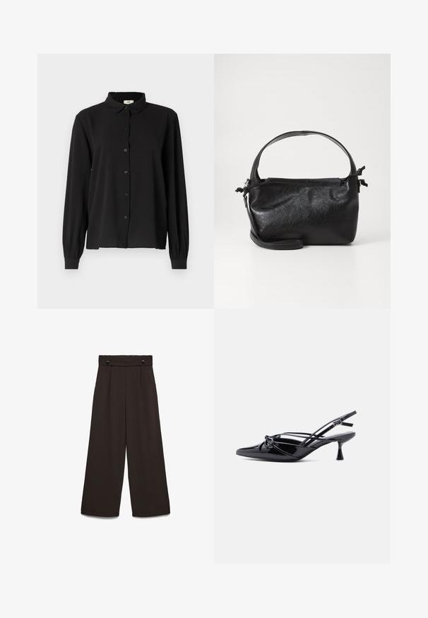 Chemise noire à manches longues en tissu doux avec un col, fermeture à boutons et poignets froncés. Design simple sans motifs ni accents.; Pantalon à jambes larges en tissu marron foncé, avec une taille haute, deux poches avant et deux boutons à l'avant pour la fermeture. Texture lisse.; Escarpin slingback en cuir verni noir, bout pointu, petit talon kitten et nœud décoratif noué à l'avant.; Sac à main en cuir noir au design structuré, avec une poignée arrondie et une bandoulière amovible. Présente une texture lisse et un éclat subtil.