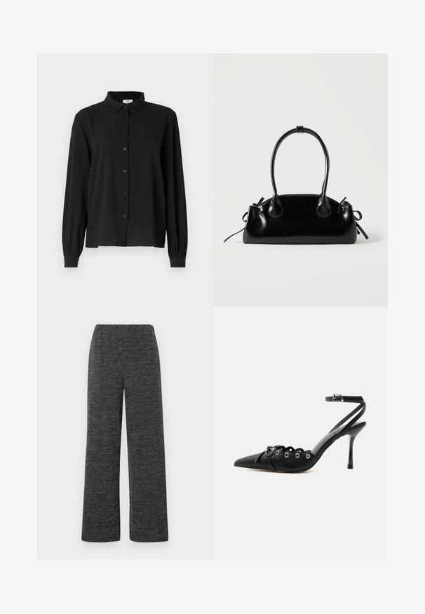 Camisa negra de manga larga en tejido suave con cuello, cierre de botones y puños fruncidos. Diseño simple sin patrones ni acentos.; Pantalones de pierna ancha en tejido texturizado negro y gris, con una cintura elástica para mayor comodidad. Sin bolsillos ni cierres visibles.; Zapato de tacón alto negro con punta fina, bordes ondulados, ojales metálicos, cordones delanteros y una correa en el tobillo con cierre de hebilla.; Pequeño bolso negro brillante con dos asas largas y detalles de cordón lateral sobre un fondo claro liso.