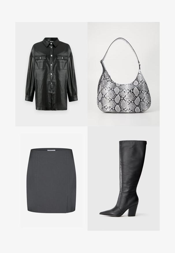 Sort faux læder skjorte med lange ærmer, knaplukning foran, to brystlommer og klassisk krave. Glat tekstur og afslappet fit design.; Envii SPLIT - Pencil skirt - grey; Sort læderknehøj støvle med spids tå og kraftig høj hæl, vist i venstre sideprofil på hvid baggrund.; Sort-hvid slangemønster skuldertaske med en rund form, glat tekstur og en buet rem. Har et sølvfarvet hardware-accents.