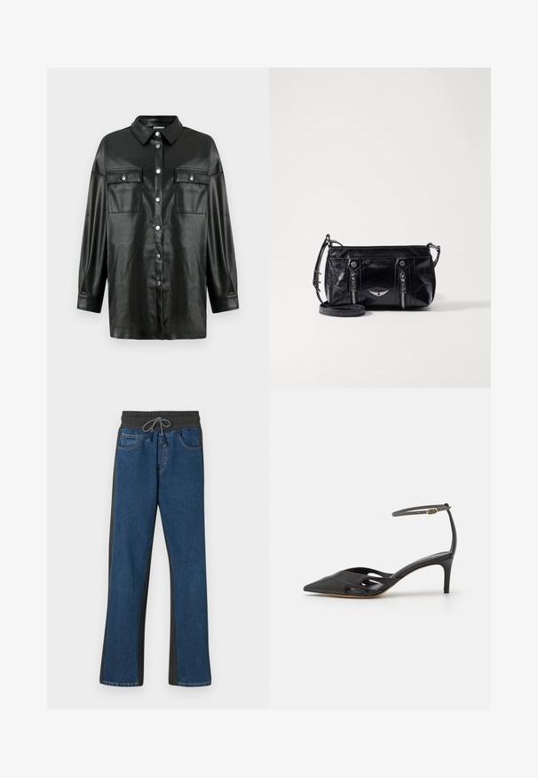 Sort faux læder skjorte med lange ærmer, knaplukning foran, to brystlommer og klassisk krave. Glat tekstur og afslappet fit design.; Denim jogger bukser med blå front, grå sidepaneler, elastisk talje med snøre og klassisk fem-lomme design.; Sort læder højhælet sko med spids tå, åbne sider og en tynd ankelrem med en lille guld detalje.; Sort faux læder crossbody taske med lynlåslommer, et dekorativt sølv emblem og en justerbar rem. Glossy tekstur og kompakt form.