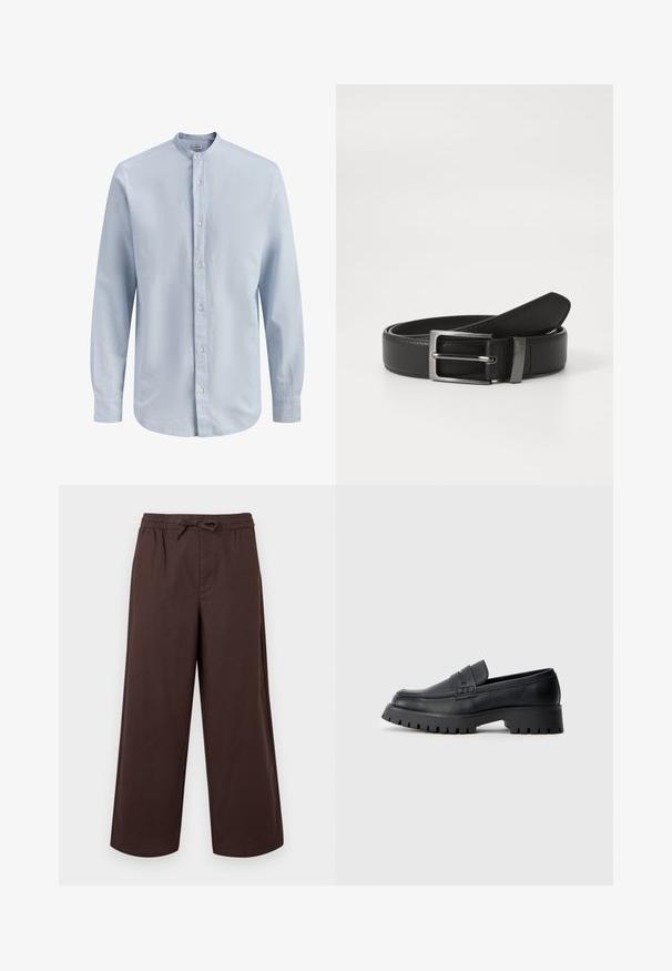 Chemise pour homme à manches longues bleu clair avec col mandarin et boutons blancs sur le devant, présentant une texture subtile.; Pantalon marron à jambes larges avec taille élastique et lien de serrage à l'avant, fabriqué en tissu lisse.; Mocassins en cuir noir avec un bout arrondi, présentant une sangle décorative et une semelle en caoutchouc épaisse avec de profonds crampons pour une meilleure adhérence.; Ceinture en cuir noir avec une boucle en métal argenté, présentant une finition lisse et un design classique. La ceinture est soigneusement pliée.