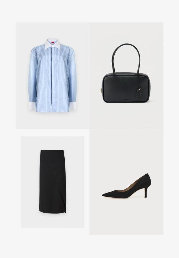 Chemise bleu clair à manches longues avec rayures verticales blanches et motifs de logo subtils. Col classique et accents de poignet blanc.; Jupe crayon noire longueur genou avec un détail de recouvrement asymétrique à l'avant sur fond blanc.; Escarpin en daim noir à bout pointu avec un talon stiletto fin de hauteur moyenne et un design à coupe basse sur un fond uni.; Sac à main rectangulaire noir avec doubles poignées arrondies, fermeture éclair dorée et logo "HUGO" embossé sur le devant avec une étiquette en cuir attachée.