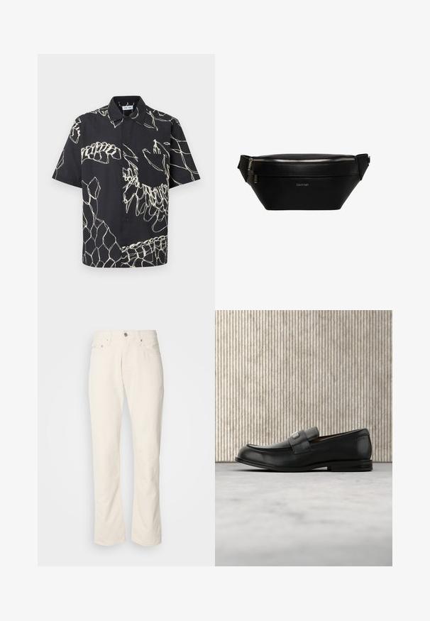 Sort kortærmet skjorte med knapper, hvide abstrakte linjemønstre og en brystlomme på en ensfarvet baggrund.; Beige bomuldsjeans med et klassisk lige ben-design, der har en forreste knaplukning, fem lommer og diskrete syninger.; Sort læderloafer med metalbrandskilt hvilende nær et brunt rundt bord på beige tæppe.; Sort læder Calvin Klein bæltetaske med sølv lynlås og justerbar rem, minimalistisk logo foran i midten.