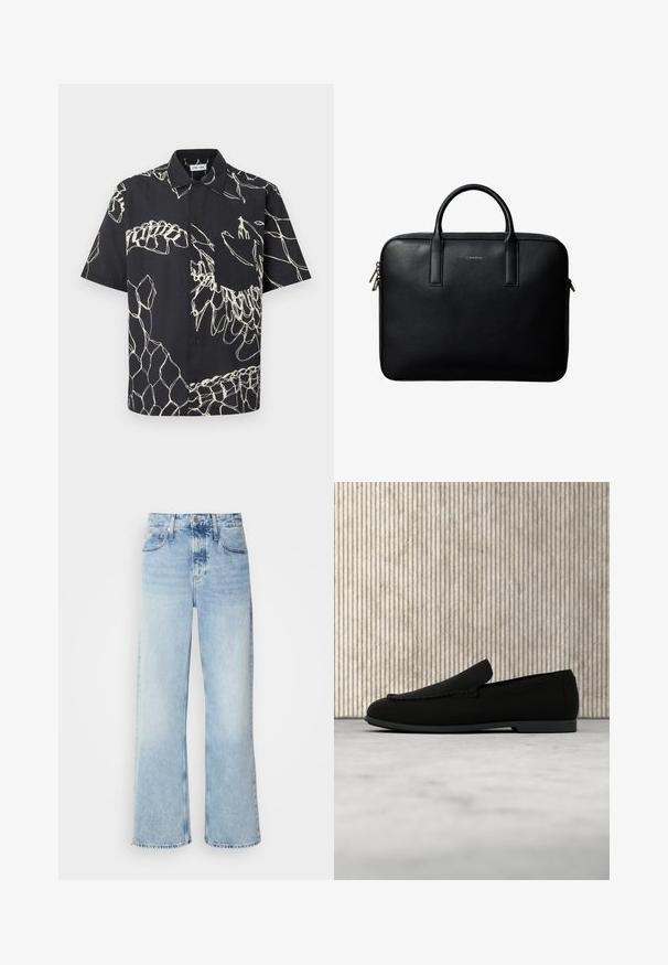 Sort kortærmet skjorte med knapper, hvide abstrakte linjemønstre og en brystlomme på en ensfarvet baggrund.; Lysblå vide jeans med høj talje, der har en falmet finish, bæltestropper og klassisk fem-lomme design. Kantene er rå.; Sort slip-on loafer-sko svævende over lyst tæppe med et buet, ravbrunt moderne bord i baggrunden.; Sort tekstureret lædermappe med dobbelte håndtag og sølv lynlås, centreret på hvid baggrund.