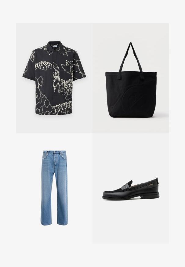 Sort kortærmet skjorte med knapper, hvide abstrakte linjemønstre og en brystlomme på en ensfarvet baggrund.; Lyseblå denim jeans med lige ben-design, fem lommer, knaplukning, minimal falming og kontraststingdetaljer.; Sort læderloafer med grå remdetalje, lav hæl og tekstureret sål, mærket med "HUGO" i guld på siden.; Sort canvas-tote-taske med to skulderstropper og et diskret præget cirkeldesign på fronten.