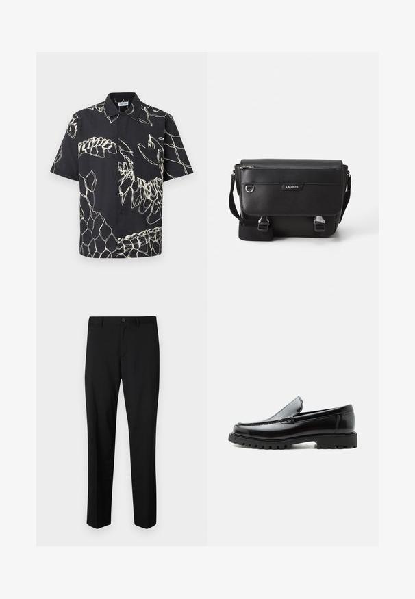 Chemise noire à manches courtes avec des motifs abstraits blancs en lignes et une poche poitrine sur un fond uni.; Pantalons noirs ajustés avec une coupe plate, taille standard et jambes droites. Fabriqués en tissu lisse, dotés d'une fermeture à un bouton.; Mocassin en cuir noir avec semelle en caoutchouc épaisse, dessus cousu et nom de marque embossé sur le talon, présenté de profil sur fond blanc.; Sac messager Lacoste noir texturé avec bandoulière ajustable, rabat avant, poche zippée et fermetures à boucle en métal.