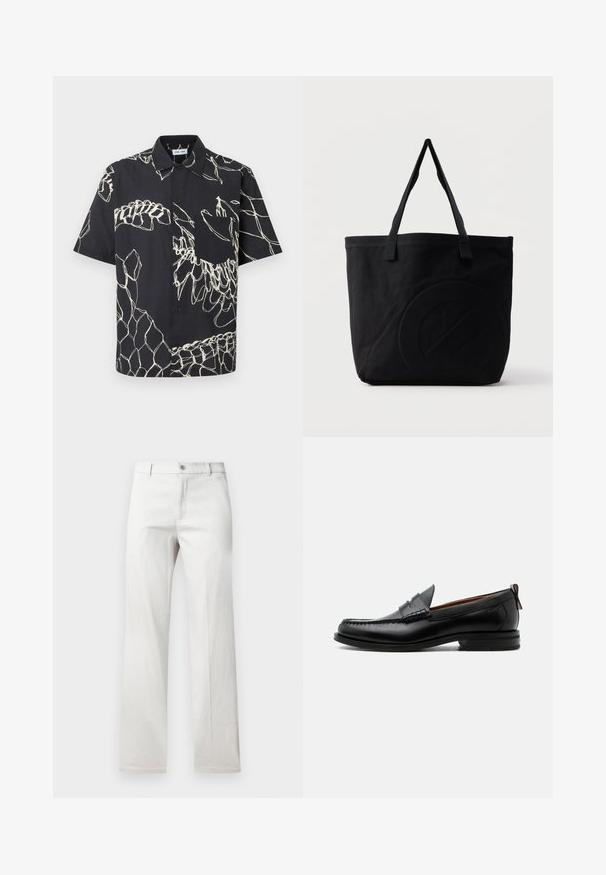 Chemise noire à manches courtes avec des motifs abstraits blancs en lignes et une poche poitrine sur un fond uni.; Pantalon gris clair avec une coupe droite, fabriqué dans un tissu lisse, doté d'une fermeture à bouton à l'avant et de poches latérales.; Mocassin homme en cuir noir avec couture moc toe, bride penny, col texturé et petit talon empilé sur fond blanc.; Sac fourre-tout en toile noire avec deux bandoulières et un motif circulaire discret en relief sur le devant.