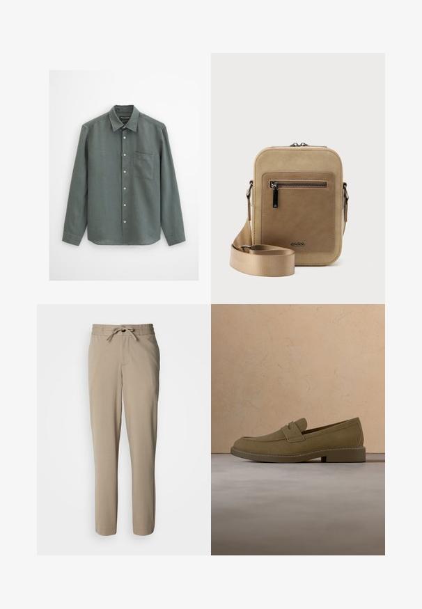 Chemise à manches longues gris foncé avec col et poche poitrine gauche, en tissu texturé.; Pantalon beige en tissu doux, doté d'une taille à cordon de serrage et d'une coupe décontractée, avec des jambes droites et sans poches visibles.; Mocassin en daim marron flottant au-dessus d'un tapis beige texturé dans un salon avec une table basse en bois et des livres empilés.; Petit sac bandoulière beige avec poche avant zippée, logo métallique ALDO, sangle large ajustable et forme rectangulaire arrondie sur fond blanc.