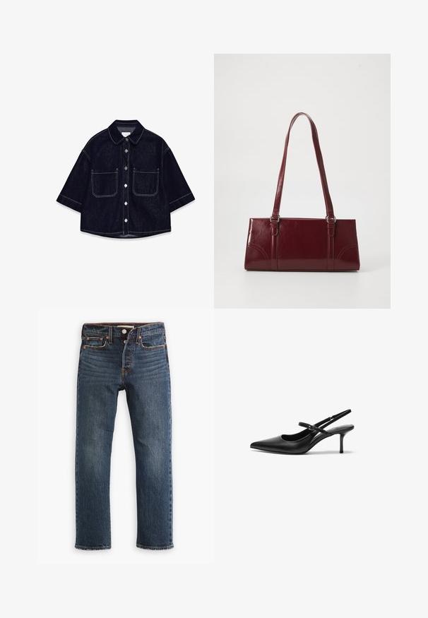 Donkerdenim overhemd met korte mouwen, twee voorzakken met flappen, witte stiksels en een afgeronde kraag.; Donkere blauwe spijkerbroek met een rechte pijp. Voorzien van voorzakken, een knoopsluiting en zichtbare stikaccenten. Versleten textuur.; Zwarte leren slingback hakken met een puntige neus, slanke verstelbare band en een ongeveer 5 cm hoge stiletto hak, met een gladde textuur.; Bourgondische handtas van glanzend materiaal, rechthoekige vorm, met twee schouderbanden en subtiele gebogen accenten aan de voorkant.