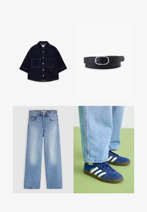 Donkerdenim overhemd met korte mouwen, twee voorzakken met flappen, witte stiksels en een afgeronde kraag.; Lichtblauwe rechte jeans met vervaagde details aan de voorkant, knoop- en ritssluiting en vijfzakkenstijl op een effen achtergrond.; Blauwe suède sneakers met witte strepen en gestructureerde patronen, gedragen met lichtblauwe denim broek, tegen een groene achtergrond.; Zwarte leren riem met een gladde textuur, ovaal zilveren metalen gespsluiting en meerdere verstelgaten langs de band. Platte, minimalistische uitstraling.