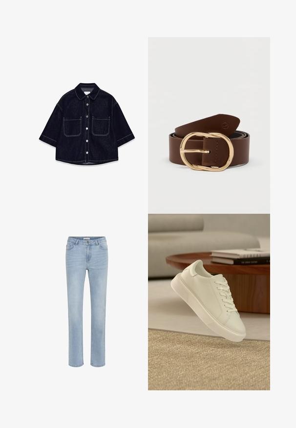 Donkerdenim overhemd met korte mouwen, twee voorzakken met flappen, witte stiksels en een afgeronde kraag.; Lichtblauwe rechte jeans met een sluiting met knoop en rits aan de voorkant, voor- en achterzakken, en een normale taille.; Witte lage sneaker met veters op een beige tapijt naast een ronde houten tafel met gestapelde boeken.; Bruine leren riem met een grote, ovale goudkleurige gesp. Soepele textuur met een net gestikte rand. Verstelbare lengte voor een goede pasvorm.