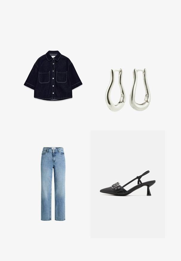 Chemise en denim foncé à manches courtes, avec deux poches plaquées à l'avant, des coutures blanches et un col arrondi.; Jean droit taille haute bleu clair avec bouton avant, fermeture éclair, passants de ceinture et design à cinq poches.; Simmi London DALA - Escarpins - black; Pilgrim UNFOLD - Boucles d'oreilles - silver