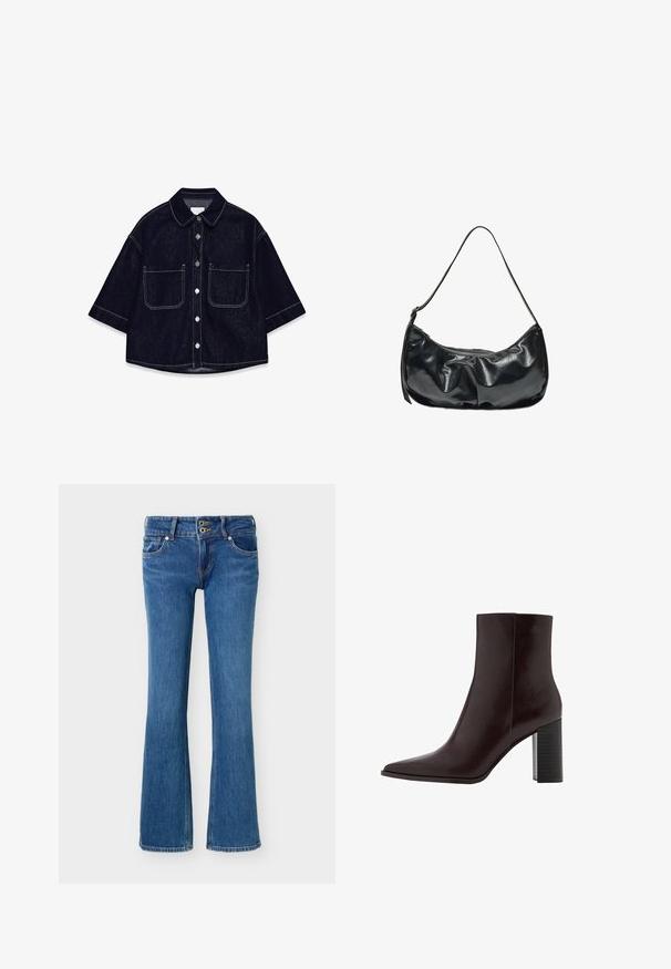 Chemise en denim foncé à manches courtes, avec deux poches plaquées à l'avant, des coutures blanches et un col arrondi.; Jean bootcut en denim bleu avec fermeture à double bouton, poches avant et arrière, et détails de couture standards.; Bottine en cuir marron à bout pointu, texture lisse, avec un talon haut noir épais. Présente des coutures minimales et un design épuré.; Sac bandoulière en cuir noir brillant avec une fermeture éclair incurvée sur le dessus et une seule sangle pour le porter.