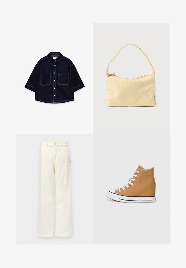 Donkerdenim overhemd met korte mouwen, twee voorzakken met flappen, witte stiksels en een afgeronde kraag.; Good American GOOD 90S CARPENTER - Wide leg - white denim; Hoge sneakers in tan canvas met witte veters, een rubberen teendoek en een zwart gestreepte zool. Geweven afwerking met stiksels.; Kleine beige leren handtas met een enkele band en zilveren studs langs de randen en band, tegen een effen achtergrond.