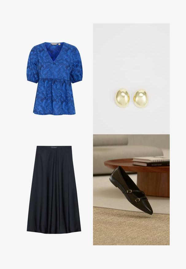 Blaue Bluse mit floralem Muster, V-Ausschnitt, kurzen Puffärmeln und tailliertem Design. Hergestellt aus einem weichen Stoff mit glatter Textur.; Schwarzer, knielanger Rock aus leichtem Material mit fließendem Design. Verfügt über eine glatte Textur und subtile Falten für zusätzliche Details.; Schwarzer flacher Schuh mit spitzer Zehenpartie und zwei dünnen Schnallenriemen, der über einem beigen Teppich schwebt, mit einem Holzcouchtisch und Büchern im Hintergrund.; Goldfarbene Metallstanzohrringe mit einer glatten, abgerundeten Form und polierter Oberfläche. Einfaches Design ohne zusätzliche Verzierungen.