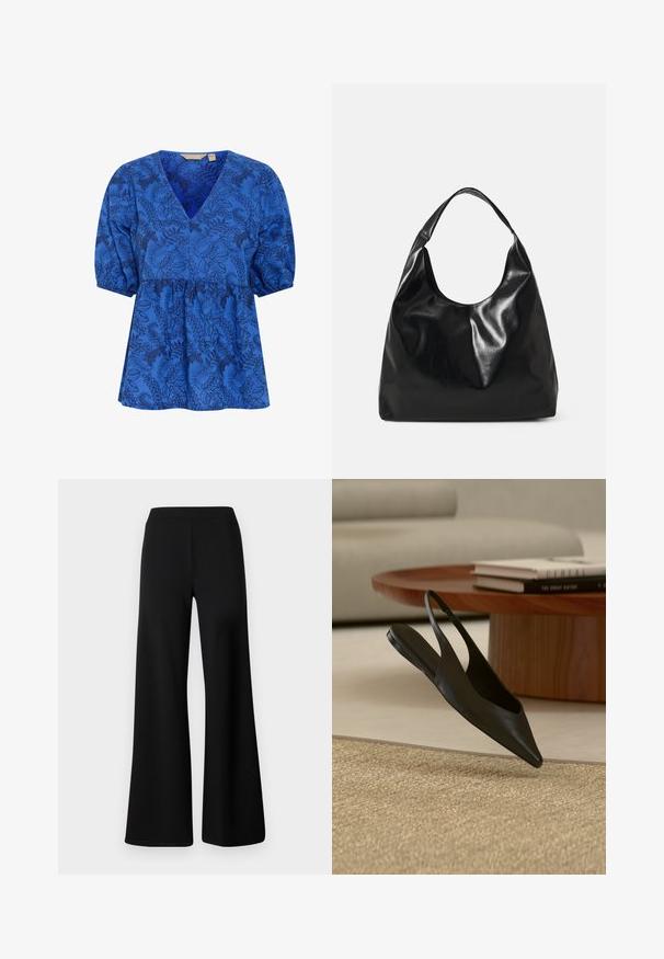 Blauwe blouse met bloemenpatroon, voorzien van een v-hals, korte puffmouwen en een gerimpelde taille. Gemaakt van zachte stof met een gladde textuur.; Zwarte wijde broek van zacht, rekbaar materiaal. Voorzien van een gladde, elastische tailleband en een strakke, ongecompliceerde uitstraling.; Zwarte platte slingback schoen met puntige neus bij een ronde houten tafel met gestapelde boeken op een beige tapijt in een modern woonkamertje.; Zwarte leren hobo tas met een zachte, glanzende textuur en een ronde, open bovenkant. Voorzien van een brede, gebogen schouderband om te dragen. Geen zichtbare hardware.