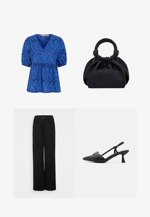 Blaue Bluse mit floralem Muster, V-Ausschnitt, kurzen Puffärmeln und tailliertem Design. Hergestellt aus einem weichen Stoff mit glatter Textur.; Schwarze weit geschnittene Hose mit glatter Textur, ausgestattet mit einem Knopfverschluss und Fronttaschen. Klassisches, vielseitiges Design, das für verschiedene Anlässe geeignet ist.; Simmi London DALA - Pumps - black; Schwarze weiche Stoffhandtasche mit gerafftem oberen Rand und runden, gepolsterten Griffen, die auf jeder Seite mit Knoten gebunden sind.