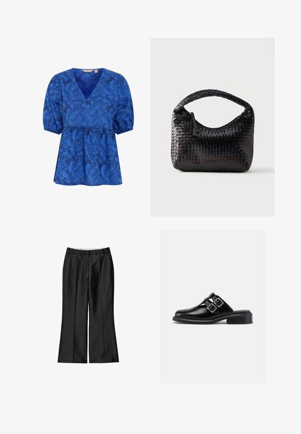 Blaue Bluse mit floralem Muster, V-Ausschnitt, kurzen Puffärmeln und tailliertem Design. Hergestellt aus einem weichen Stoff mit glatter Textur.; Schwarze weite Hosen aus leichtem Stoff, mit glatter Textur, gefaltetem Vorderbereich und maßgeschneidetem Taillenbund.; Schwarzer Slipper aus Leder mit zwei silbernen Schnallen, offenen Seiten, runder Zehenpartie und niedrigem, gestapeltem Absatz, im Profil vor weißem Hintergrund gezeigt.; Schwarze geflochtene Lederhandtasche mit einem geschwungenen Griff, ausgestattet mit einem Reißverschluss und einer glatten Struktur. Kompaktes Design mit abgerundeter Form.