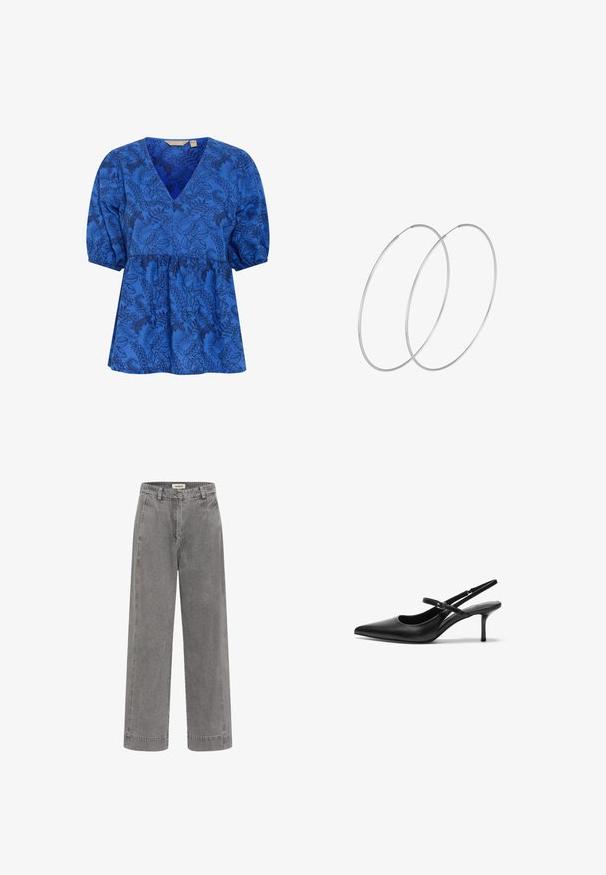 Blaue Bluse mit floralem Muster, V-Ausschnitt, kurzen Puffärmeln und tailliertem Design. Hergestellt aus einem weichen Stoff mit glatter Textur.; Hoch geschnittene graue Jeans mit geradem Bein, Knopf- und Reißverschluss, Gürtelschlaufen und Seitentaschen.; Schwarze Leder Slingback-Absätze mit einer spitzen Zehenform, schmalem verstellbarem Riemen und einem etwa 5 cm hohen Stiletto-Absatz, glatte Textur.; Silberne Creolen mit minimalistischem Design. Rundform, glatte Oberfläche und dünnes Profil. Leichtgewichtig mit hochglänzender Oberfläche.