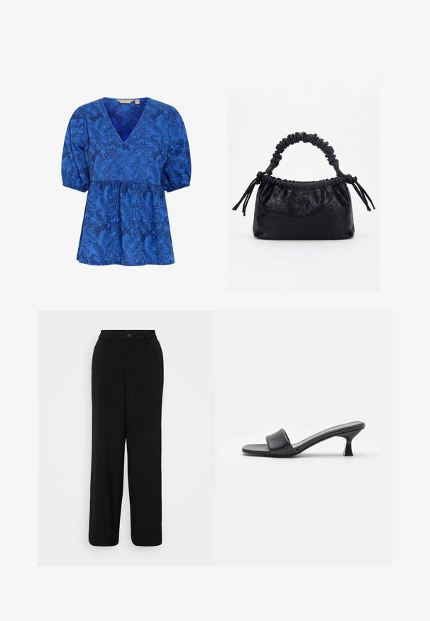 Blaue Bluse mit floralem Muster, V-Ausschnitt, kurzen Puffärmeln und tailliertem Design. Hergestellt aus einem weichen Stoff mit glatter Textur.; Schwarze weit geschnittene Hosen aus einem glatten Stoff. Mit einem Bund und einem Knopfverschluss sowie einer vorderen Bügelfalte.; Schwarze Absatzmules mit einem glatten, matten Lederoberteil, offenem Zeh, breitem Riemen über dem Spann und schlankem, quadratischem Absatz.; Schwarze Handtasche mit Krokodilstruktur, gerafftem oberen Rand, zusammengezogenem Griff und Zugkordeln mit Quasten an jeder Seite vor weißem Hintergrund.
