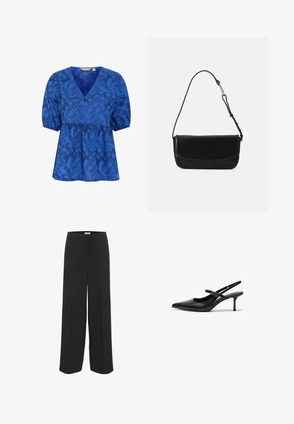 Blauwe blouse met bloemenpatroon, voorzien van een v-hals, korte puffmouwen en een gerimpelde taille. Gemaakt van zachte stof met een gladde textuur.; Zwarte broek met brede pijpen, hoge taille en subtiele plooidetails, ontworpen voor een ontspannen en elegante pasvorm.; Zwarte leren slingback hakken met een puntige neus, slanke verstelbare band en een ongeveer 5 cm hoge stiletto hak, met een gladde textuur.; Vagabond DEIA - Handtas - black