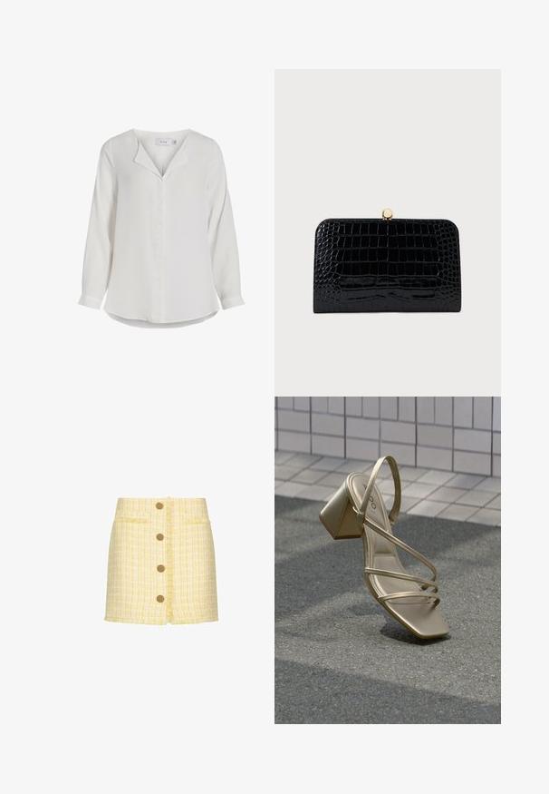 Witte blouse met lange mouwen van zachte stof, met een opstaande kraag, een voorflap en een afgeronde zoom.; Gele en witte minirok van tweed met knoopsluiting aan de voorkant, twee steekzakken vooraan en subtiele ruches langs de knoopsluiting en zoom.; Gouden sandaal met bandjes, een vierkante neus, verstelbare enkelriem en blokhak, uitgevoerd in een gladde metallic finish.; Zwarte portemonnee met krokodillenpatroon en glanzende afwerking, voorzien van een ronde gouden sluiting aan de bovenkant en een rechthoekige vorm.