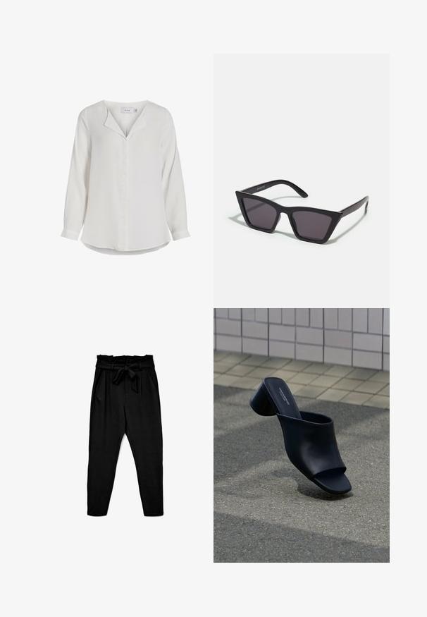 Blusa blanca de manga larga hecha de tela suave, con un collar con muesca, una tapeta frontal y un dobladillo curvado.; Pantalones negros de cintura alta con cinturón atado, con una textura suave y lisa y dos bolsillos laterales; diseño de pierna ajustada.; Mule de piel negra con punta abierta y tacón ancho, posicionado sobre asfalto cerca de una superficie de baldosas.; Gafas de sol negras y angulares con lentes grises; fabricadas en plástico, con varillas gruesas de superficie suave y sin herrajes visibles.