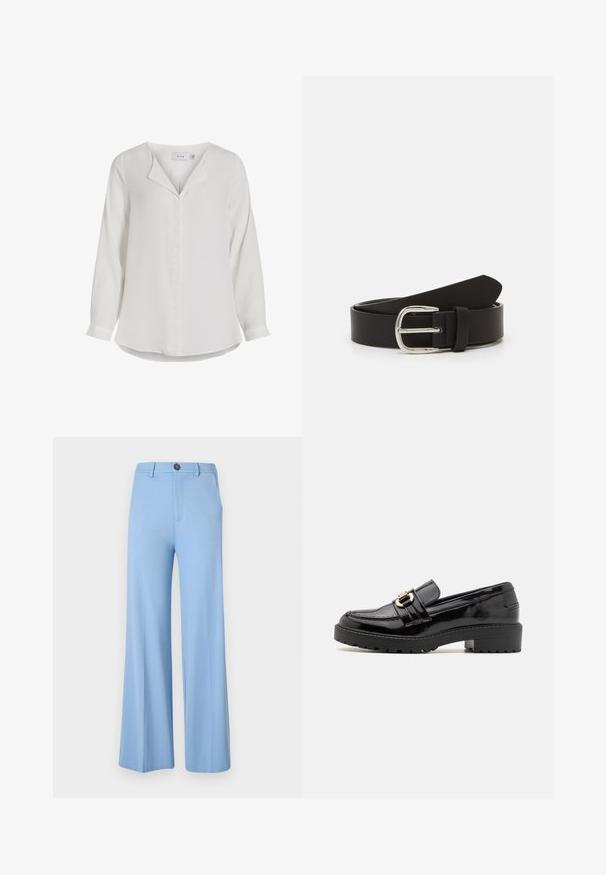 Witte blouse met lange mouwen van zachte stof, met een opstaande kraag, een voorflap en een afgeronde zoom.; Lichtblauwe wijd uitlopende broek gemaakt van een gladde stof, met een knoopsluiting en voorzakken. Schoon, op maat gemaakt ontwerp zonder patronen.; Zwarte gepatineerde leren loafers met een lage blokhak, voorzien van een opvallende goudkleurige gesp en een gestructureerde, uitlopende buitenzool.; Zwarte leren riem met een gladde textuur, voorzien van een metalen zilveren gesp en een taps toelopende punt. Eenvoudig, klassiek ontwerp.