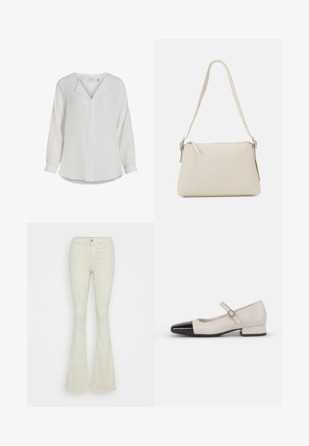 Blusa blanca de manga larga hecha de tela suave, con un collar con muesca, una tapeta frontal y un dobladillo curvado.; Jeans acampanados en denim de algodón color beige claro, con una cintura alta, diseño de cinco bolsillos y cierre de botón metálico clásico con cremallera.; Zapato estilo Mary Jane en cuero crema con puntera de charol negro. Presenta una punta redonda, tirante en el tobillo con una hebilla cuadrada y un tacón bajo y cuadrado.; Bolso de hombro beige hecho de cuero suave con cierre de cremallera. Presenta un diseño simple, correa de hombro delgada y acentos de hardware metálico.