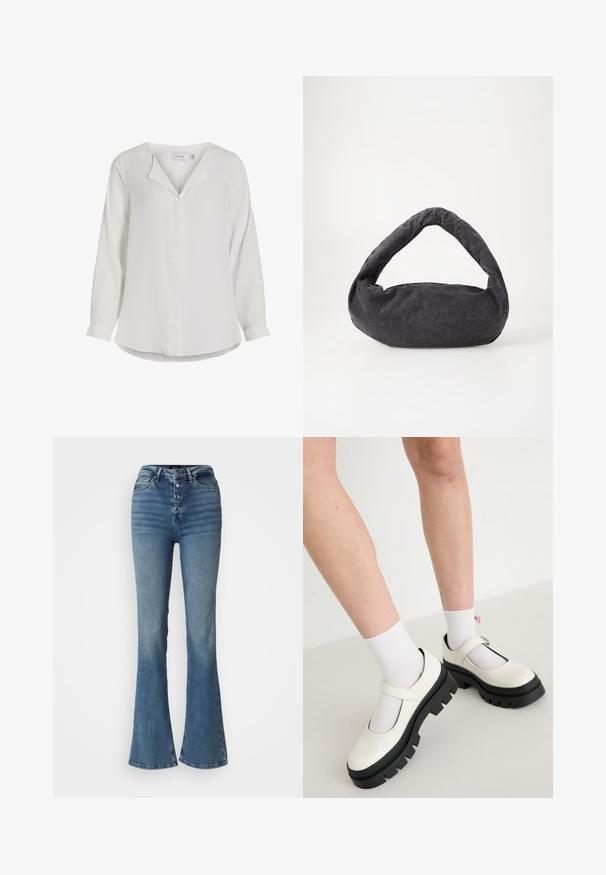 Blusa blanca de manga larga hecha de tela suave, con un collar con muesca, una tapeta frontal y un dobladillo curvado.; Jeans de tiro alto en azul, acampanados, hechos de denim, que cuentan con una cremallera de cinco botones, detalles de desgaste y una silueta ajustada en los muslos.; Zapatos Mary Jane de cuero blanco brillante con una suela negra gruesa, que cuentan con una correa en el empeine y se llevan con calcetines blancos.; Bolsa de tela gris oscuro con un asa curva, textura suave y forma redondeada. Sin hardware ni adornos visibles.