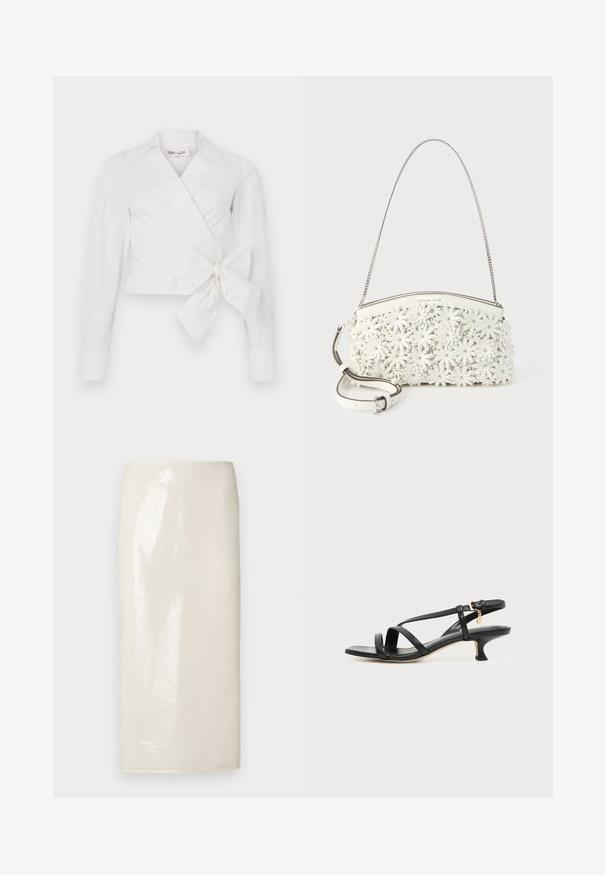 Blouse blanche à manches longues, col et détail de nœud à l'avant. Fabriquée en tissu lisse avec un design légèrement structuré.; Jupe crayon brillante de couleur crème avec une texture lisse et une silhouette ajustée, présentant une coupe longueur genou et sans fermetures visibles.; Sandale noire en cuir à brides fines, talon bas kitten, boucle à la cheville et petit pendentif doré sur fond clair uni.; Sac à main blanc avec bandoulière en chaîne, orné d'appliqués floraux 3D avec des clous métalliques au centre et une bandoulière amovible en cuir.