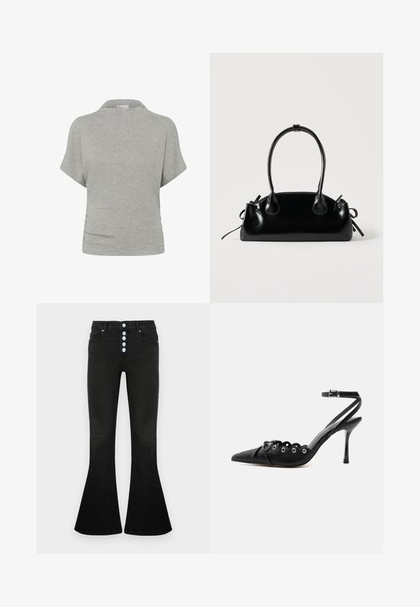 Haut à manches courtes gris clair avec un col montant et un détail subtil froncé sur le côté gauche près de la taille.; Jean évasé noir taille haute, braguette à cinq boutons, texture en denim doux et détails de coutures discrètes sur les poches et les coutures.; Chaussure à talon haut noire à bout pointu, bords festonnés, œillets métalliques, lacets à l'avant et bride de cheville avec fermeture à boucle.; Petit sac à main noir brillant avec deux longues anses et des détails à cordon sur les côtés sur un fond clair uni.