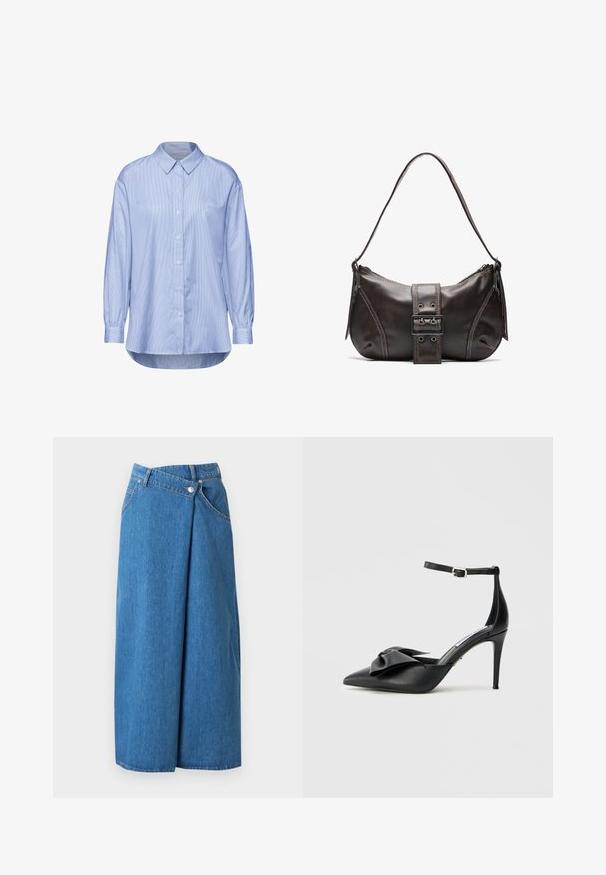 Chemise bleu clair à boutons avec un motif à rayures verticales, manches longues avec poignets boutonnés, et un col classique.; Jupe midi en denim bleu avec panneau avant superposé, passants pour ceinture, poches latérales et fermeture par bouton à la taille.; Chaussure à talon noir avec bout pointu, accent de nœud en satin et bride de cheville réglable avec ferrures argentées. Texture en cuir lisse.; Sac à épaule en cuir marron avec une forme courbée, présentant un détail de boucle proéminent, des coutures contrastantes et une seule bandoulière.