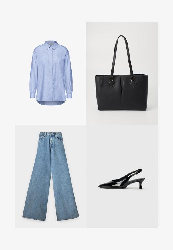 Lys blå skjorte med knapper og lodret stribemønster, lange ærmer med knapmanchetter og en klassisk krave.; Good American PANELED WIDE LEG - Wide leg - indigo; Sorte patenterede slingback-sko med spidse tæer og lav blokhæl. Justerbar spænde-rem ved anklen.; Sort faux læder tote taske med en tekstureret finish, to lange håndtag og hardware i guld tone-accenter på siden. Rektangulær form.