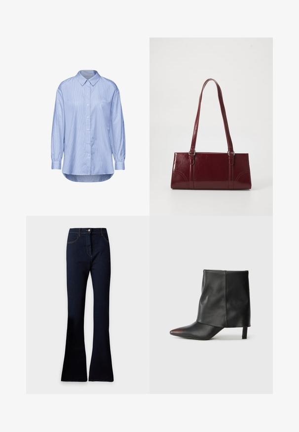 Lichtblauw overhemd met knopen en een verticaal streepjespatroon, lange mouwen met knoopmanchetten en een klassieke kraag.; Donkerblauwe denim flared jeans met voorzakken, riemlussen en een knoopsluiting op een effen achtergrond.; Zwarte enkellaars van glad leer met een puntige neus en een taps toelopende hak. Het bovenwerk heeft een licht geplooid ontwerp.; Bourgondische handtas van glanzend materiaal, rechthoekige vorm, met twee schouderbanden en subtiele gebogen accenten aan de voorkant.