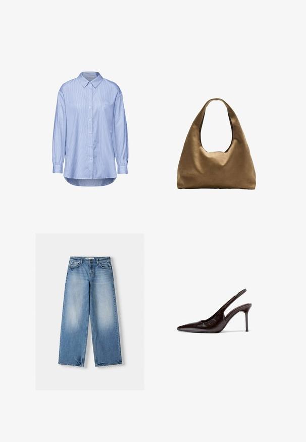 Lys blå skjorte med knapper og lodret stribemønster, lange ærmer med knapmanchetter og en klassisk krave.; Lysblå jeans med afslappet pasform, brede ben og slidte sektioner. Fremstillet af denim med klassisk fem-lommerdesign og lukning med en topknap.; Mørkebrunt læder, kvindes slingback højhælet sko med spids tå og slank stiletthæl på hvid baggrund.; Brun stof skuldertaske med en bred, rundet krop og et stort udsnit håndtag. Blød tekstur, minimalistisk design og ingen synlig hardware.