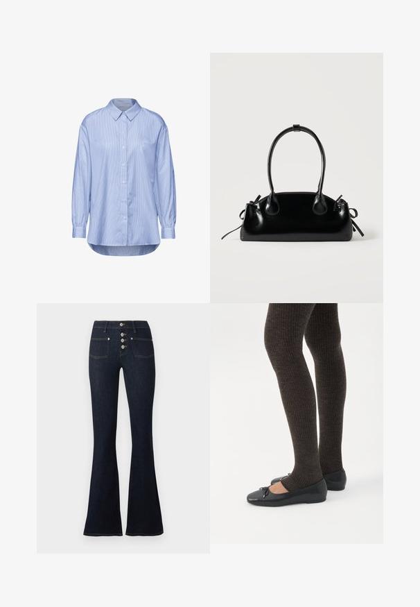 Lys blå skjorte med knapper og lodret stribemønster, lange ærmer med knapmanchetter og en klassisk krave.; Mørkeblå højttaljede flare jeans med fire-knaps frontlukning og to forlommer, vist mod en hvid baggrund.; Ben iført mørke ribbede leggings kombineret med sorte balletsko med små sløjfedetaljer på hvid baggrund.; Lille sort blank håndtaske med to lange håndtag og snøre-detaljer i siden på en ensfarvet lys baggrund.