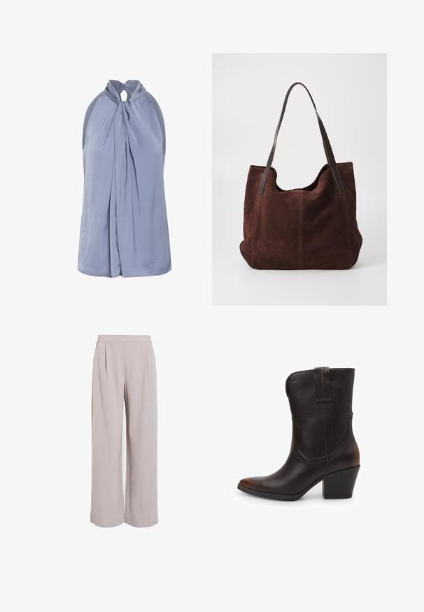 Lys blå halterneck-top lavet af glat stof, med plisseringer foran og en knaplukning bagpå. Udenærmet design.; Beige brede bukser med plisseret front, lavet af blødt stof, med høj talje og uden synlige lommer eller lukninger.; Brun læder ankelstøvle med spids tå, stablet hæl og side-trækflap. Har minimal syning og en glat tekstur.; Brun ruskind tote taske med to mørke læder skulderremme. Blød tekstur, afrundet top og et rummeligt interiør. Ingen synlig hardware eller pynt.