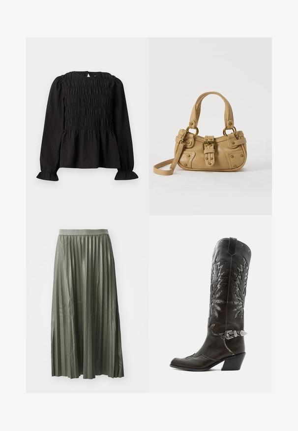 Must hõlmadega blouse mustas värvuses, smock-kattemustriga, ümmargune kaelus ja lainelised varrukad. Omab avatud seljaaukude ja volangiga vöökoha disaini.; Pleated midi seelik hallikas roheline, valmistatud läikivast kangast. Omab elastset vööd ja ulatub keskmise sääreni, ühtlaste vertikaalsete voldikutega.; Mustast nahast kameelisaap kaunistavate lõigetega, hõbedase pandla ja kaldu kannaosaga, valgel taustal.; Beež nahast käsikott topeltkäepidemete, messingist pandla ja naelutustega ning reguleeritava õlarihmaga valge tausta ees.