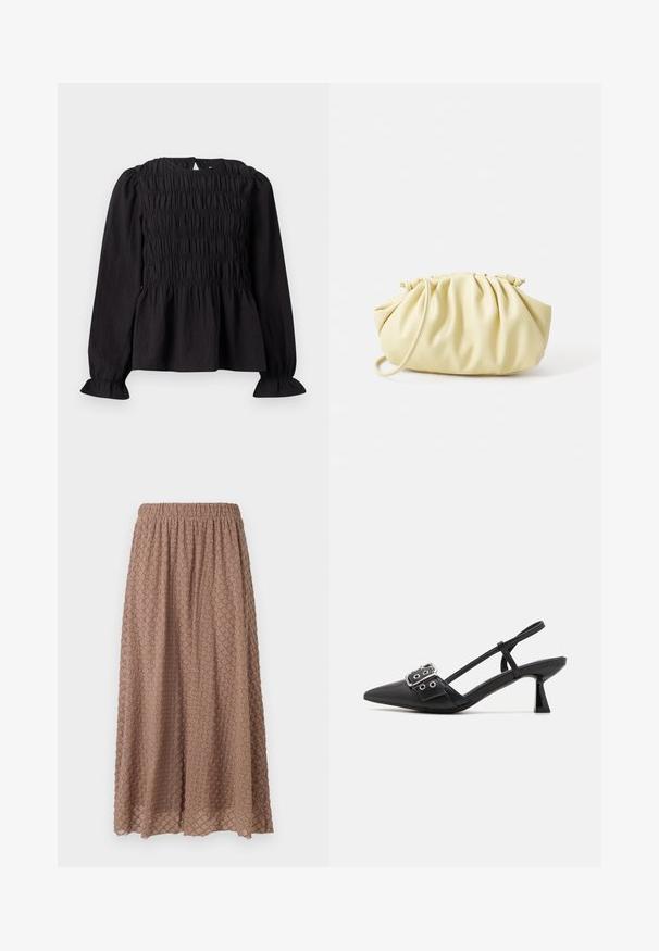 Blouse noire à manches longues avec texture froncée, encolure ronde et manches évasées. Dispose d'une ouverture en goutte d'eau dans le dos et d'une taille froncée.; Jupe marron, longueur genou avec une ceinture élastique, tissu texturé présentant un motif en losange dans une tonalité plus claire, légère et fluide.; Simmi London DALA - Escarpins - black; Sac à main plissé jaune en simili cuir lisse, arborant une forme douce avec une bandoulière unique et un design froncé sur le dessus.