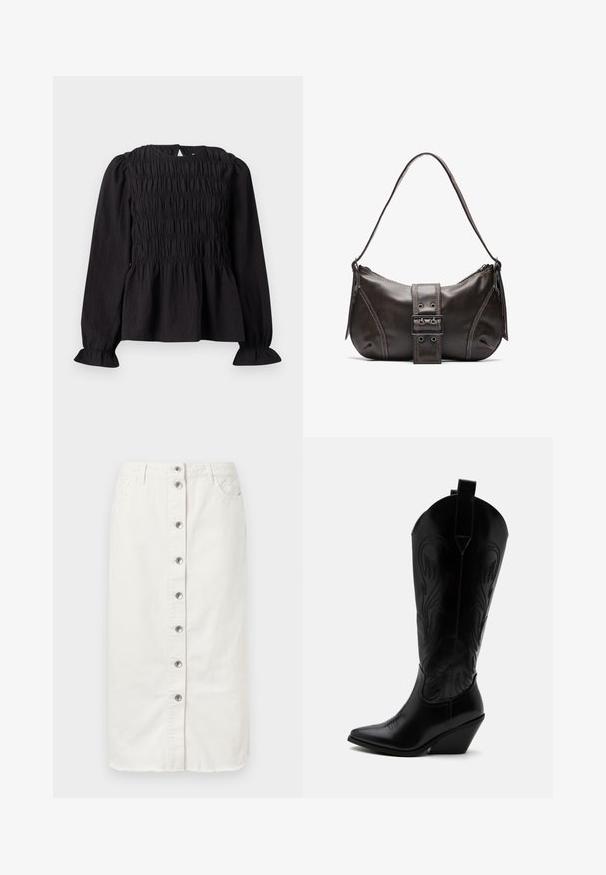 Blouse noire à manches longues avec texture froncée, encolure ronde et manches évasées. Dispose d'une ouverture en goutte d'eau dans le dos et d'une taille froncée.; Jupe midi en denim blanc avec fermeture à boutons sur le devant, deux poches latérales et des accents brodés à la taille. Présente un ourlet brut.; Botte de cowboy en cuir noir avec bout pointu, talon bloc incliné, couture décorative et languettes en haut sur fond blanc.; Sac à épaule en cuir marron avec une forme courbée, présentant un détail de boucle proéminent, des coutures contrastantes et une seule bandoulière.